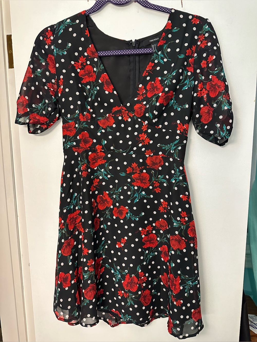 Forever 21 Black Floral Polka Dot Short Mini Dress with Puff Sleeves size small